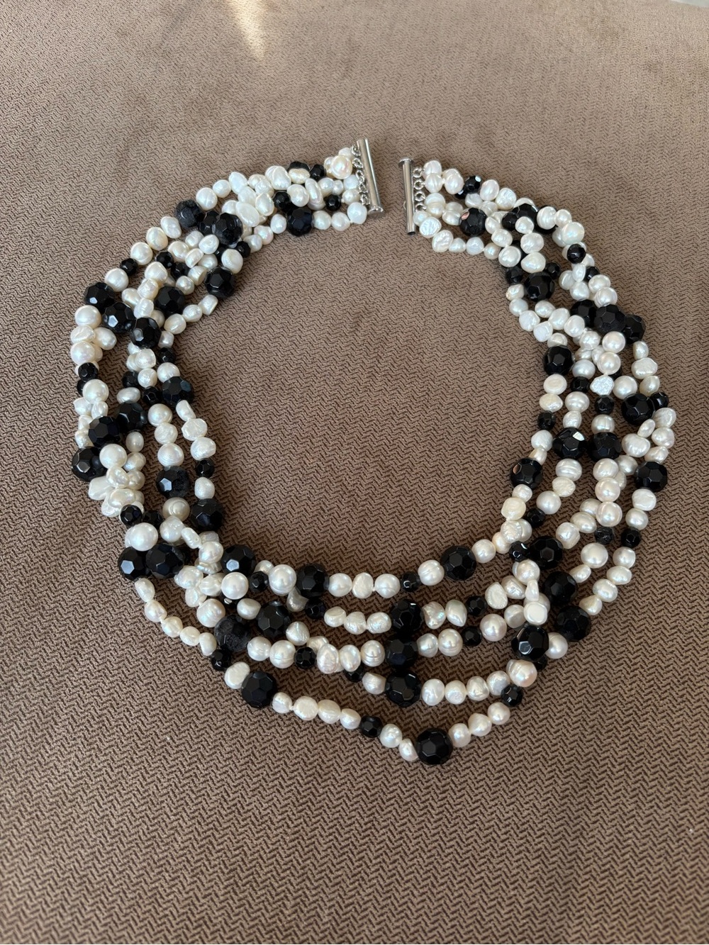 Genuine Pearl and Onyx Multistrand Choker with Sterling Silver Clasp